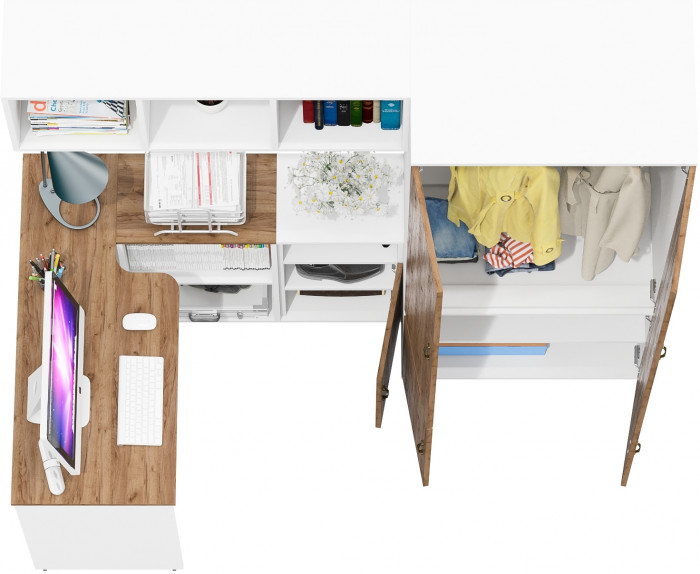 Лидер-8 Стол + Полка + Тумба МД 3.19 + Шкаф МД 19Б, цвет белый шагрень/крафт золото, ШхГхВ 285х50/50х75/190 или 200х115/50х75/190 см., НЕ ун. сб.