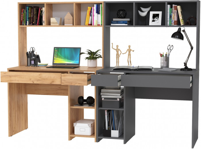 Стол компьютерный Комфорт 12.77F + Стол компьютерный Комфорт 12.77F, цвет дуб крафт золотой/тёмно-серый, ШхГхВ 200х49,8х147 см., универсальная сборка