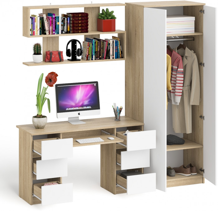 Мори компьютерный стол МС-2 + Шкаф МШ800.1 + Полка 1200, дуб сонома/белый