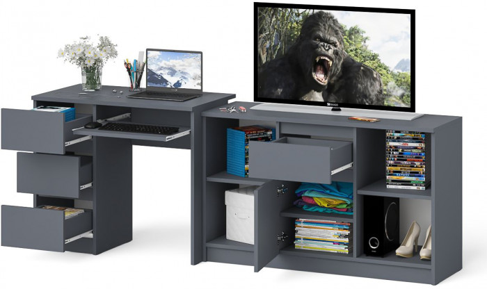 Мори Стол компьютерный МС-6 левый + Тумба МТВ1204.1, цвет графит, ШхГхВ 210,4х50х76,6 см., выдвижные ящики слева, НЕ универсальная сборка