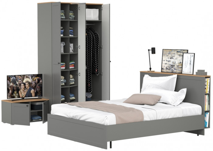 Остин 11.53 Кровать + ортопед + 13.336.03 Шкаф для одежды + 13.257 Тумба, серый графит/дуб крафт золотой