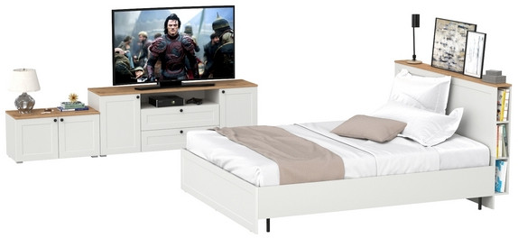 Остин 11.53 Кровать + ортопед + 16.47 Тумба под ТВ + 13.257 Тумба, белый шагрень/дуб крафт золотой