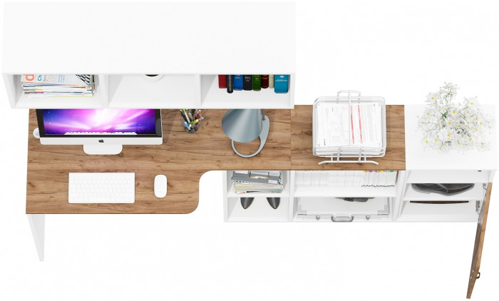 Лидер-8 Стол + Полка + Тумба МД 3.19, цвет белый шагрень/крафт золото, ШхГхВ 205х50/30х75 см. или 115х50/120х75 см., НЕ универсальная сборка