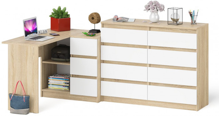 Мори Стол компьютерный МС-16 правый + Комод МК1200.8, цвет дуб сонома/белый, ШхГхВ 244,8х84,9х94 см., выдвижные ящики справа, НЕ универсальная сборка