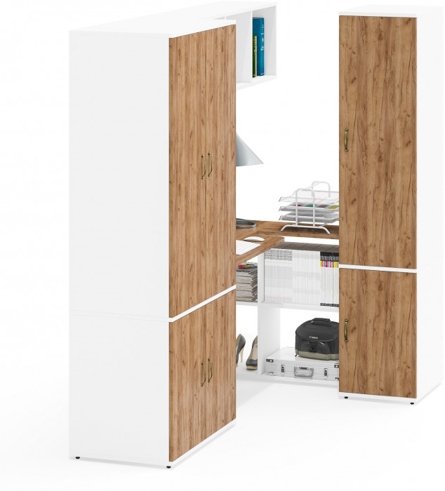 Лидер-8 Шкаф МД 19Б + Стол + Пенал 23Б, белый шагрень/крафт золото