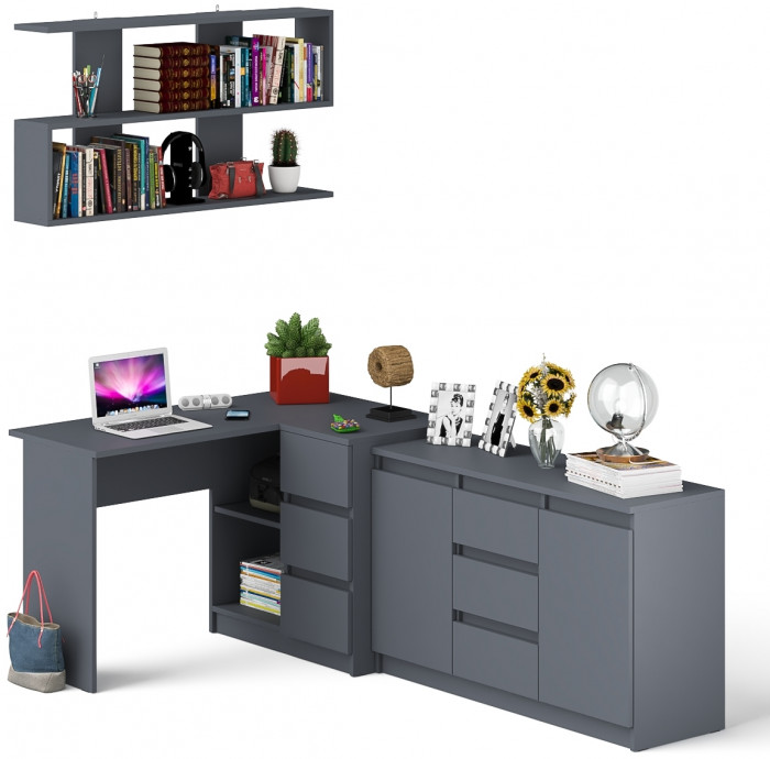 Мори компьютерный стол МС-16 правый + Комод МК1200.3 + Полка 1200, графит
