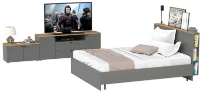 Остин 11.53 Кровать + ортопед + 16.47 Тумба под ТВ + 13.257 Тумба, серый графит/дуб крафт золотой