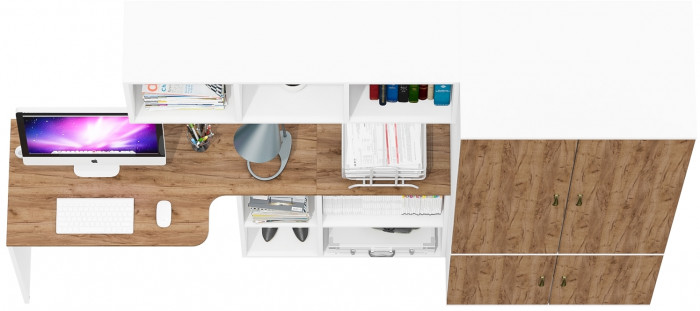 Лидер-8 Стол + Полка + Шкаф МД 19Б, цвет белый шагрень/крафт золото, ШхГхВ 245х50х75/190 или 115х160/50х75/190 см., НЕ универсальная сборка