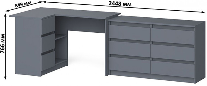 Мори Стол компьютерный МС-16 левый + Комод МК1200.6, цвет графит, ШхГхВ 244,8х84,9х76,6 см., выдвижные ящики слева, НЕ универсальная сборка