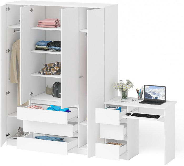 Мори Стол компьютерный МС-6 левый + Шкаф МШ1600.1, цвет белый, ШхГхВ 250,4х50,4х209,6 см., выдвижные ящики слева, НЕ универсальная сборка