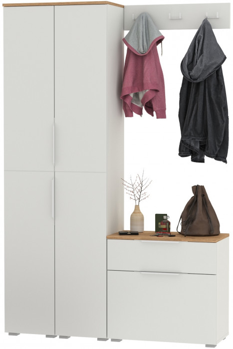 Октава Прихожая 19, цвет белый шагрень/дуб крафт золотой/фасады МДФ белый шагрень, ШхГхВ 129,3х35,4х197,6 см., универсальная сборка