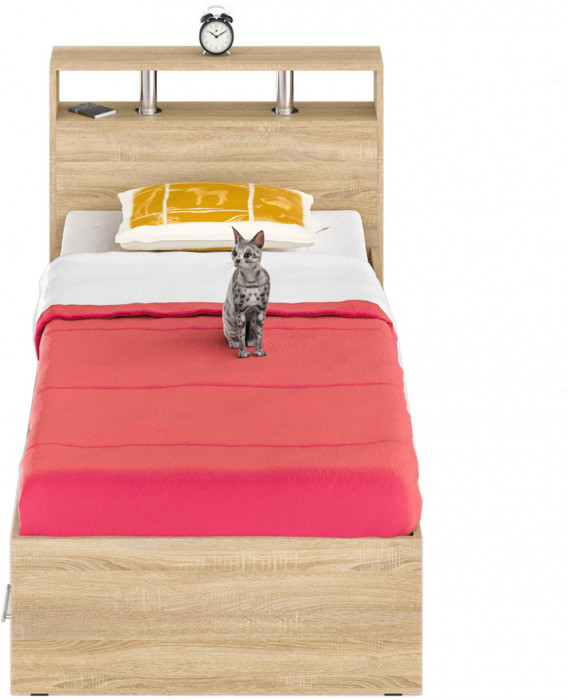 Камелия Кровать с ящиками 0900, цвет дуб сонома, ШхГхВ 93,5х217х78,2 см., сп.м. 900х2000 мм., без матраса, основание есть