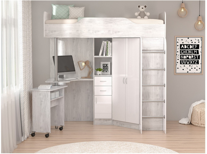 Кровать-чердак Бриз-1 80х190 (Дуб Крафт Золотой / Белый Глянец)