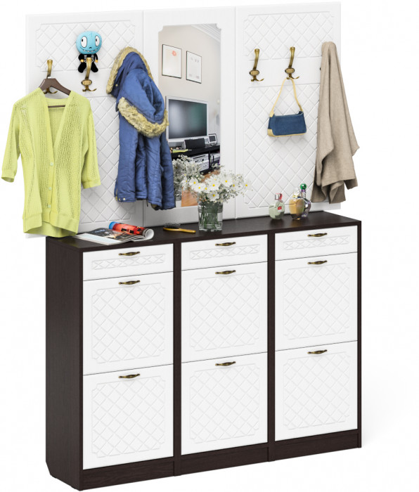 Прихожая П-6 Компоновка № 06, цвет венге/фасады МДФ белое дерево фрезеровка ромб, ШхГхВ 170х35х200 см., универсальная сборка