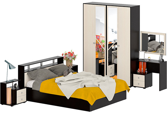 Камелия спальня № 2 Кровать 1600 + Две тумбы + Стол косметич. + Зеркало + Шкаф 4-х, венге/дуб лоредо