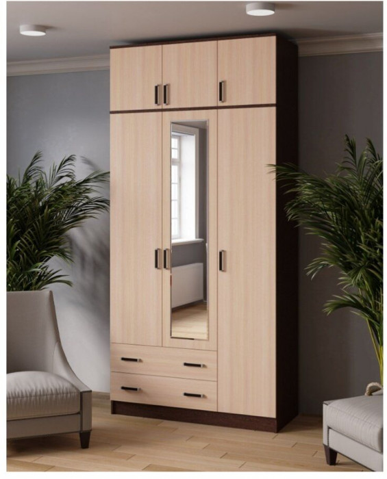 Шкаф комбинированный Лагуна с антресолью и зеркалом венге/дуб молочный