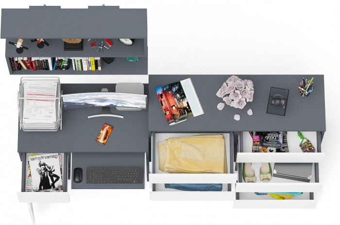 Мори Стол компьютерный МС-1 левый + Комод МК1200.8 + Полка 900, цвет графит/белый, ШхГхВ 210,4х50х209,6 см., НЕ универсальная сборка