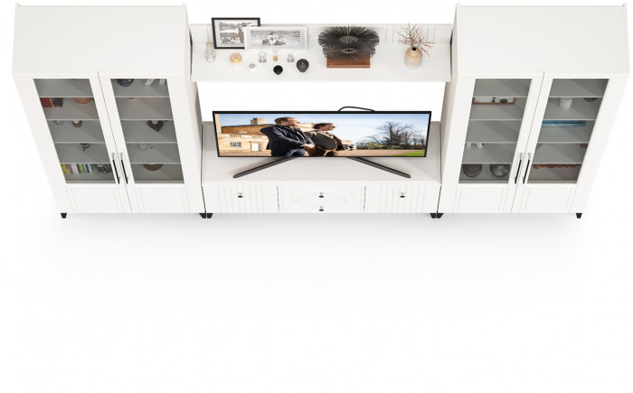 Валенсия Гостиная № 074, цвет ЛДСП белый шагрень/МДФ белый шагрень, ШхГхВ 301,3х38,3х225,2 см., универсальная сборка