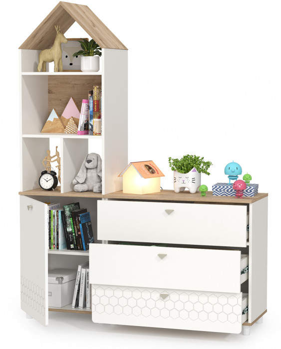 Эйп 13.14 Стеллаж + 13.322 Комод, цвет белый/дуб белый, ШхГхВ 138х41,5х183,8 см., универсальная сборка