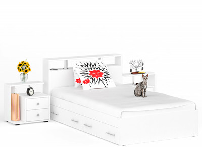 Камелия Кровать с ящиками 1200 + две тумбы, цвет белый, ШхГхВ 236х217х78,2 см., сп.м. 1200х2000 мм., без матраса, основание есть