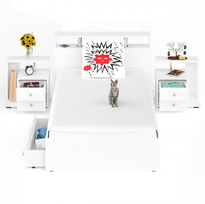 Камелия Кровать с ящиками 1200 + две тумбы, цвет белый, ШхГхВ 236х217х78,2 см., сп.м. 1200х2000 мм., без матраса, основание есть