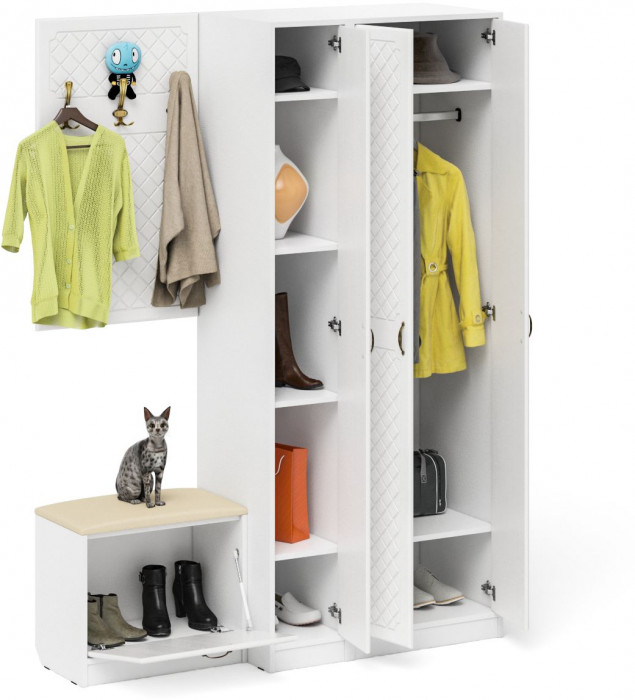 Прихожая П-6 Компоновка № 47, белая шагрень/фасады МДФ белое дерево фрезеровка ромб