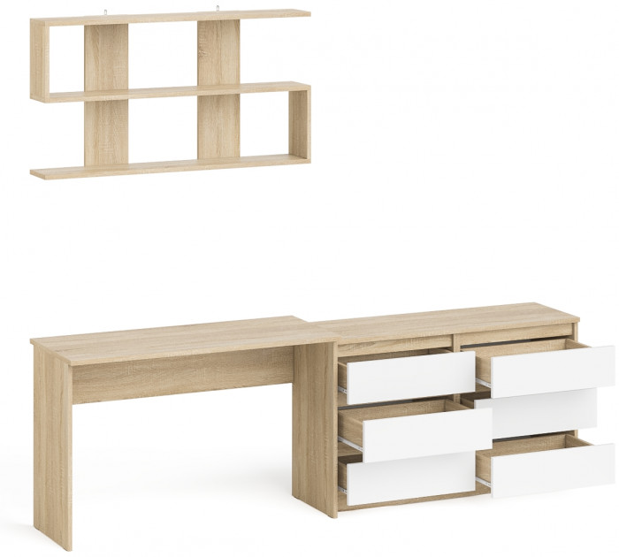 Мори письменный стол МСП1200.1 + Комод МК1200.6 + Полка 1200, дуб сонома/белый