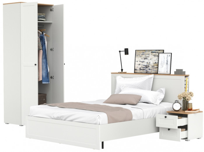 Остин 11.53 Кровать + ортопед + 13.224 Шкаф + 16.152 Тумба прикроватная, белый шагрень/дуб крафт золотой