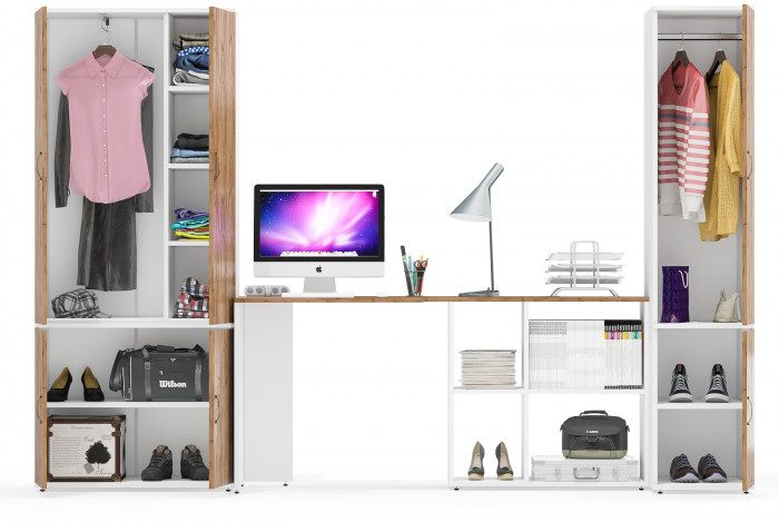 Лидер-8 Шкаф МД 20Б + Стол + Пенал 23Б, цвет белый шагрень/крафт золото, ШхГхВ 285х50/37,5х75/190 или 195х120х75/190 см., НЕ ун.сб.