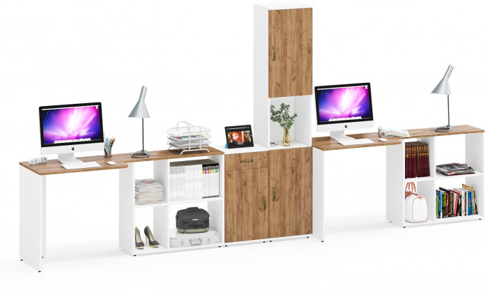 Лидер-8 Стол + Стол + Пенал + Тумба МД 3.15, цвет белый шагрень/крафт золото, ШхГхВ 410х50/30х75/190 см. или 230х50/160х75/190 см., НЕ универс. сборка