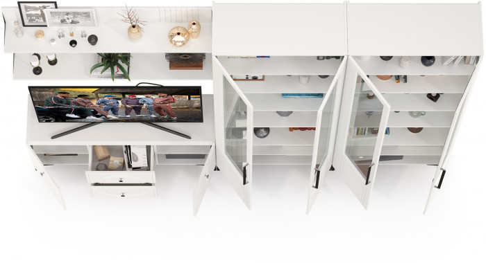 Валенсия Гостиная № 075, цвет ЛДСП белый шагрень/МДФ белый шагрень, ШхГхВ 301,3х38,3х225,2 см., универсальная сборка