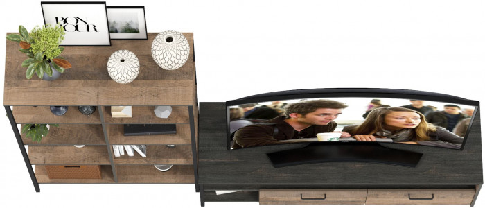 Трувор 13.70 Тумба под ТВ + 13.151.02 Стеллаж, цвет дуб гранж песочный/интра, ШхГхВ 239,8х45,4х146 см., универсальная сборка