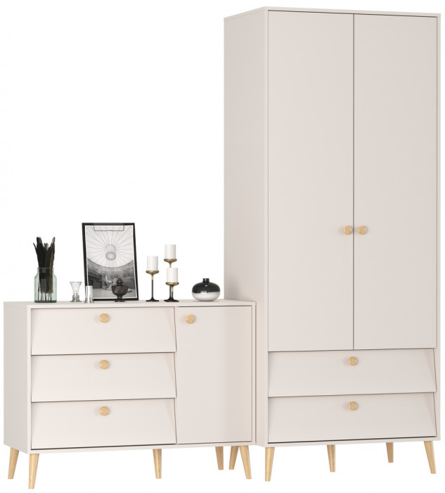 Афина Спальня Шкаф 2-х дверный + Комод с дверкой и тремя ящиками, цвет кашемир серый, ШхГхВ 90,3х56,3х220 + 110х45,3х83 см., универсальная сборка