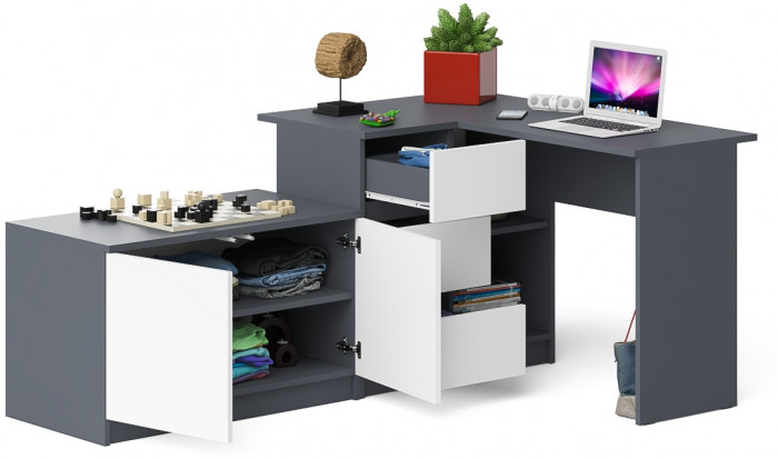 Мори компьютерный стол МС-16 левый + Тумба МА900.1, графит/белый