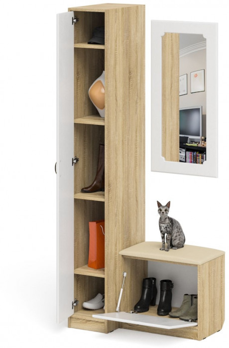 Прихожая П-6 Компоновка № 40, цвет дуб сонома/фасады МДФ белое дерево фрезеровка ромб, ШхГхВ 90х50х210 см., универсальная сборка