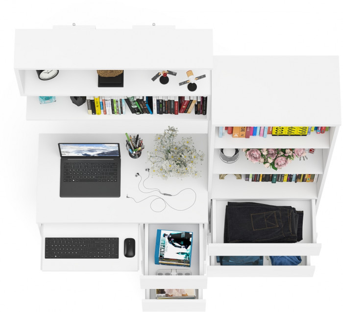 Мори Стол компьютерный МС-6 правый + Стеллаж МСТ600.3 + Полка 900, цвет белый, ШхГхВ 150,4х50х209,6 см., НЕ универсальная сборка