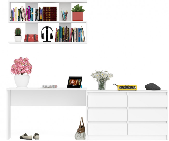 Мори Стол письменный МСП1200.1 + Комод МК1200.6 + Полка 1200, цвет белый, ШхГхВ 240,8х50х209,6 см., универсальная сборка