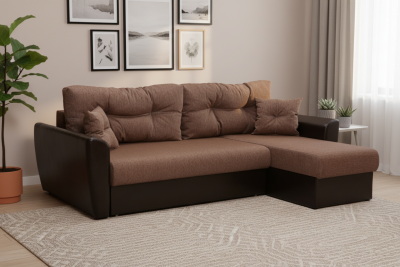 Диван-еврокнижка угловой Амстердам, 160х200, рогожка/экокожа коричневый