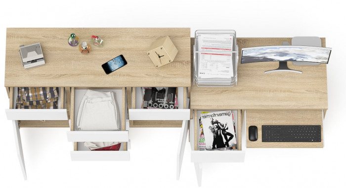 Мори компьютерный стол МС-1 левый + Комод МК1200.4, дуб сонома/белый