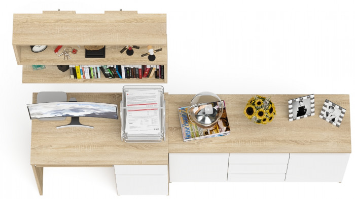 Мори компьютерный стол МС-1 правый + Комод МК1200.3 + Полка 900, дуб сонома/белый