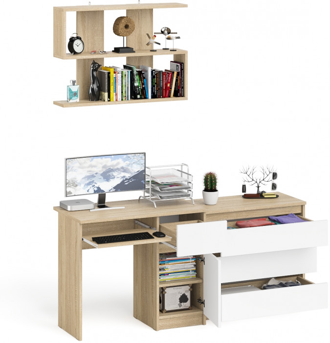 Мори Стол компьютерный МС-1 правый + Комод МК800.1 + Полка 900, цвет дуб сонома/белый, ШхГхВ 170,4х50х209,6 см., НЕ универсальная сборка