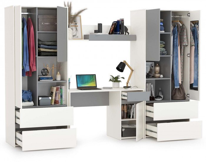 Торонто Компоновка № 05, цвет белый шагрень/стальной серый, ШхГхВ 280х53,1х195,7 см., универсальная сборка