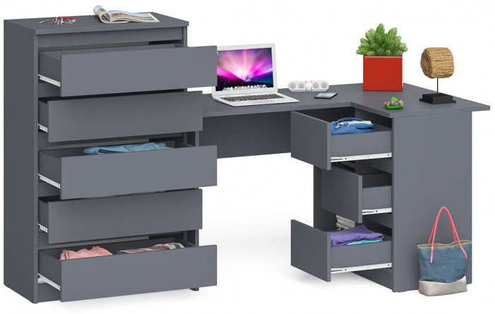 Мори Стол компьютерный МС-16 правый + Комод МК700.5, цвет графит, ШхГхВ 194,8х84,9х114 см., выдвижные ящики справа, НЕ универсальная сборка