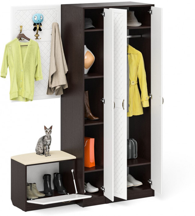 Прихожая П-6 Компоновка № 47, венге/фасады МДФ белое дерево фрезеровка ромб