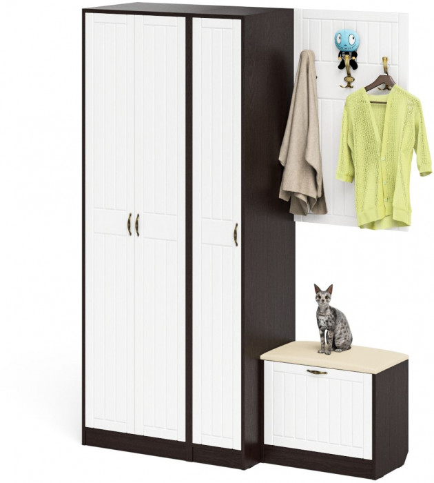 Прихожая П-6 Компоновка № 47, цвет венге/фасады МДФ белое дерево фрезеровка прованс, ШхГхВ 150х50х210 см., универсальная сборка