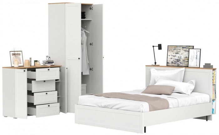 Остин 11.53 Кровать + ортопед + 13.224 Шкаф + 16.221 Комод, белый шагрень/дуб крафт золотой