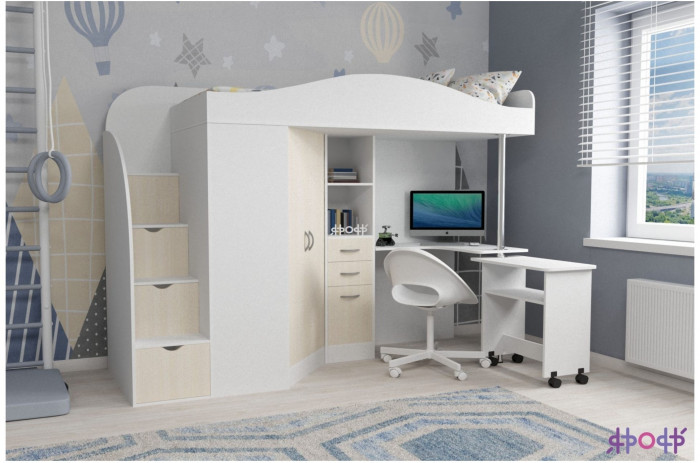 Кровать-чердак Юниор 4 (Белое дерево/Оранжевый)