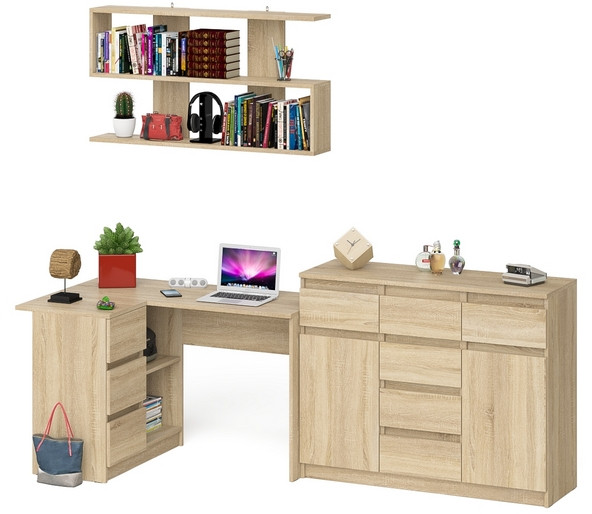 Мори компьютерный стол МС-16 левый + Комод МК1200.4 + Полка 1200, дуб сонома