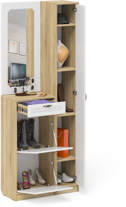 Прихожая П-6 Компоновка № 23, цвет дуб сонома/фасады МДФ белое дерево фрезеровка ромб, ШхГхВ 80х35х210 см., универсальная сборка