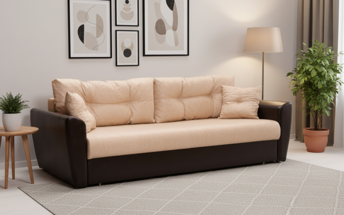 Диван-еврокнижка Амстердам, 150х195, пружинный блок, рогожка/экокожа, коричнево-бежевый